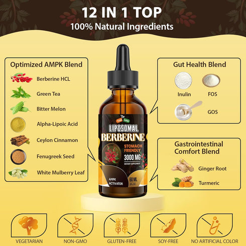 3000mg Berberine Supplement Liquid Drops - High Bioavailability Liposomal Berberine Supplements, Berberine HCL Complex with Ceylon Cinnamon Plus T...