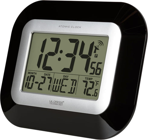 La Crosse Technology WT-8005U-B-INT Atomic Digital Wall Clock with Indoor Temperature, Black,...