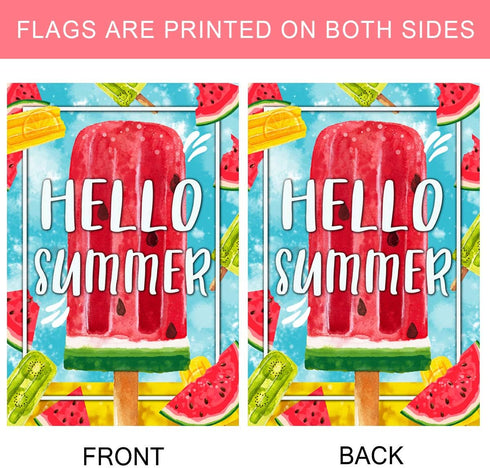 Morigins Hello Summer Popsicles and Ice Cream Double Sided Watermelon Pineapple Kiwi Fruit Garden Flag 12.5x18 inch...