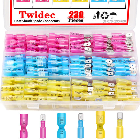 Twidec/230PCS Heat Shrink Spade Connectors Kit 22-10 AWG Female and Male Spade Terminlas Quick Disconnect Connectors Fully Insulated Electrical Wi...