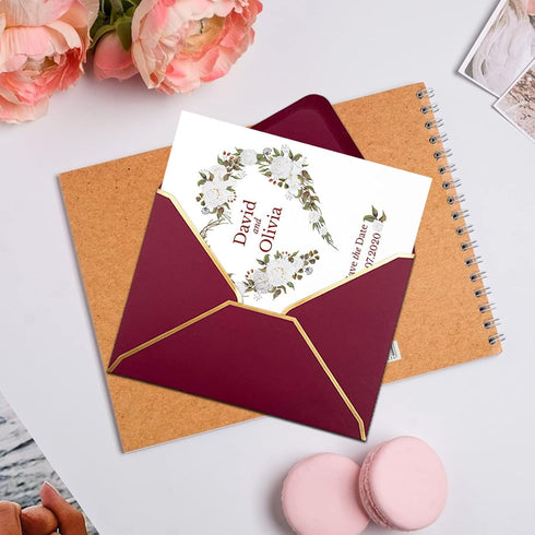50 PCS Invitation Envelopes A7 Size, Burgundy Envelopes 5 x 7 Inch V-Flap Mailing Card Envelopes Quick Seal Envelopes with Gold Border for 5x7 Car...