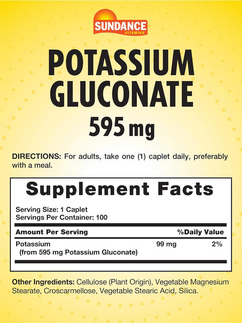 Potassium Gluconate 595mg | 100 Count | Essential Mineral Supplement | Vegetarian, Non-GMO, and Gluten Free Formula | By Sundance...