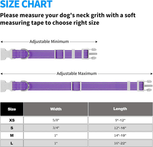 Reflective Dog Collar, Soft Neoprene Padded Breathable Nylon Pet Collar Adjustable for Medium Dogs, Purple, Medium...