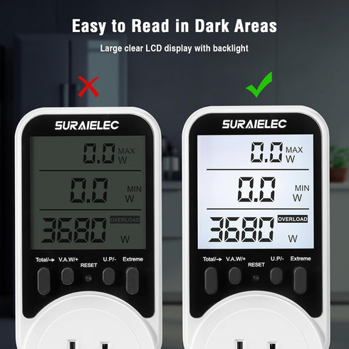 Suraielec Watt Meter, Plug-in Socket Power Meter, 90V-250V Wide Range, Backlit Large Display, Auto Cost Calculator, Overload Protection, Kilowatt ...