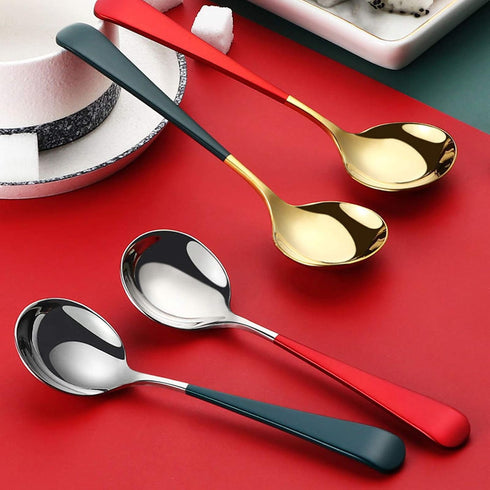 Soup Spoons Stainless Steel, 18/10 Round Head Soup Spoons, Modern Thick Short handle 304 Stainless Steel Korean Spoon, Dinner Metal Spoons for Sou...