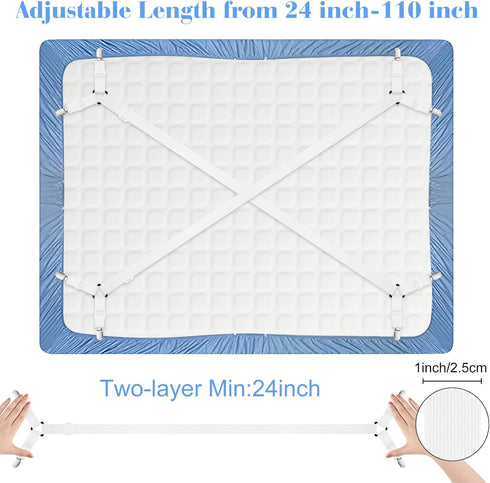 Morcheiong 2 Pack Bed Sheet Fasteners Straps Adjustable Bed Sheet Holder Bands with Sheet Clips for Bedding Stays Bedsheet Tie Downs - White...