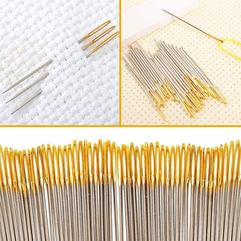 100pcs Cross Stitch Needles + 2 Needle Threader Golden Color Large Eyes Cross Stitch DIY Embroidery Hand Needles Sewing Needles in Transparent Box...