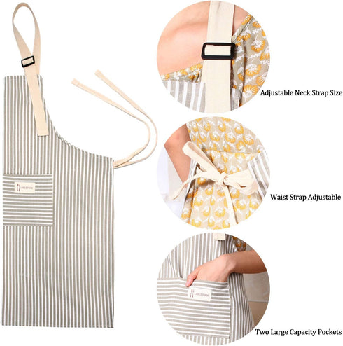 Syhood 2 Pack Aprons with 2 Pocket for Women Men Soft Linen Adjustable Bib Kitchen Cooking Apron for Chefs, Waiters, Baking(Brown Stripes Style)...