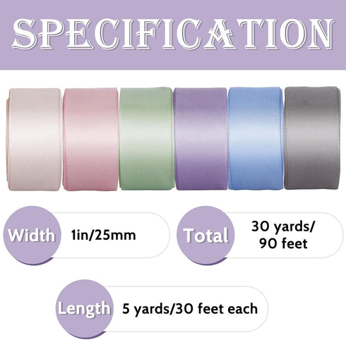 Whaline Morandi Satin Ribbon 6 Rolls Pastel Silk Ribbons Wedding Double-Sided 1 Inch 5 Yard Each for Wedding Bridal Baby Shower Decor Gifts Wrappi...