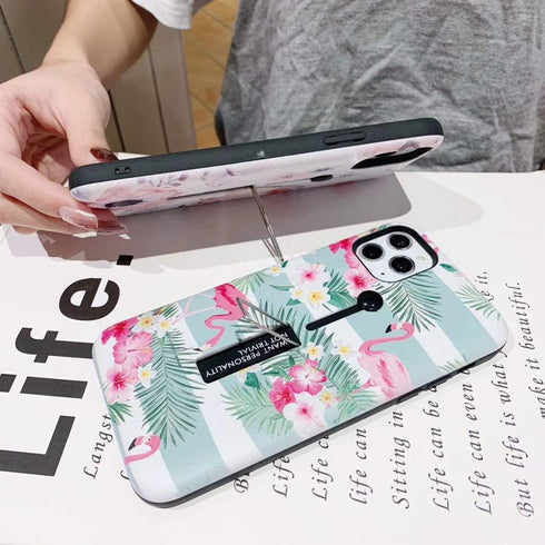 Compatible with iPhone 11 Pro Max Case Finger Grip,3D Embossed Flamingo Shell Design,Rugged Shockproof Slim Fit Dual Layer Finger Ring Loop Strap ...