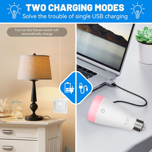 DualGlow Rechargeable Light Bulbs with Remote, Lamp Socket + USB Rechargeable Battery Light Bulb,Up to 50 Hours, 3 Color Temperatures and Dimmable...