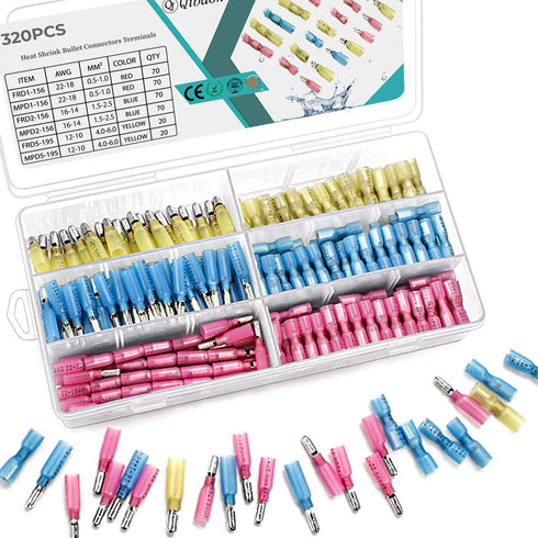 Qibaok 320PCS Heat Shrink Bullet Connectors Kit Female & Male Bullet Butt Terminals Insulated Waterproof Electrical Marine Crimp Automotive Connec...