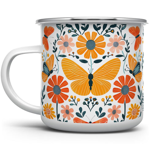 Floral Butterfly Enamel Camping Coffee Mug, Nature Flowers Botanical Gift Cup Friend Coworker Women Mom (12oz)...