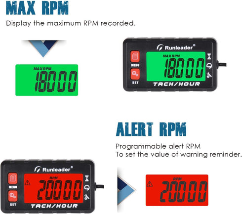 Runleader Hour Meter Tachometer, Maintenance Reminder, Alert RPM Reminder, Multi-Color Backlit Display,Initial Hours Settable, Use for Lawn Mower ...