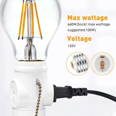 Onite UL Listed E26 to 2 Outlet Socket Adapter, Light Socket to Plug Adapter, Light Holder Splitter, with Pull Chain (5.11inch) Switch, 2-Pack...