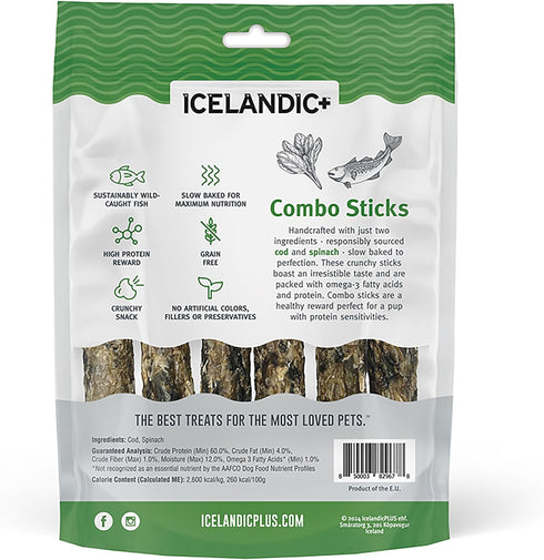 Icelandic+ Combo Sticks: Cod & Spinach - 2oz - Dog Treats, Crunchy 2 Ingredient Pet Snacks, Preservative Free, Wild Caught Fish, Slow Baked, Natur...