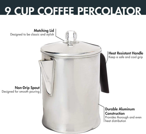 Primula Today Aluminum Stove Top Percolator Maker Durable, Brew Coffee On Stovetop, 9 Cup, Silver...