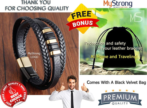 MyStrong Genuine Leather Mens Bracelet - Premium Braided Leather Bracelet for Men and Women with Stainless Steel Magnetic Clasp - Multi-layer Brai...