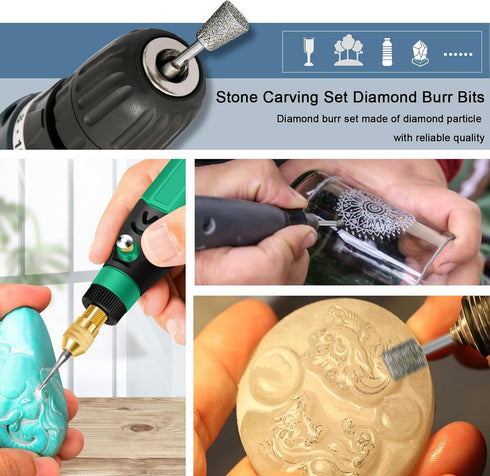 Stone Carving Set Diamond Burr Bits Compatible with Dremel, 30PCS Polishing Kits Rotary Tools Accessories with 1/8’ Shank for Carving, Engraving, ...