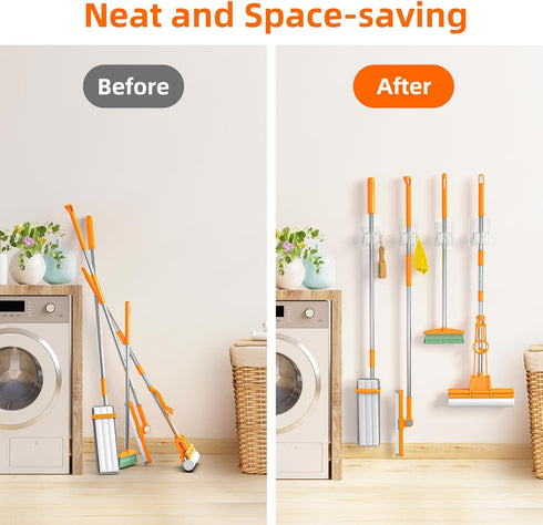 Batur Broom Holder Wall Mount, 4 Pack New Version Broom Holder, Super Anti-Slip Mop and Broom Holder Wall Mount, Adhesive Broom Hanger Mop Organiz...