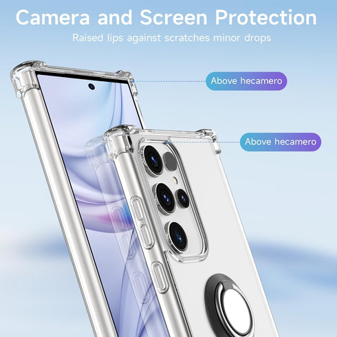 for Galaxy S24 Ultra Case Clear with 360 Rotation Metal Ring Holder Stand, Support Magnetic Car Phone Mount Soft TPU Bumper PC Hard Protective Pho...