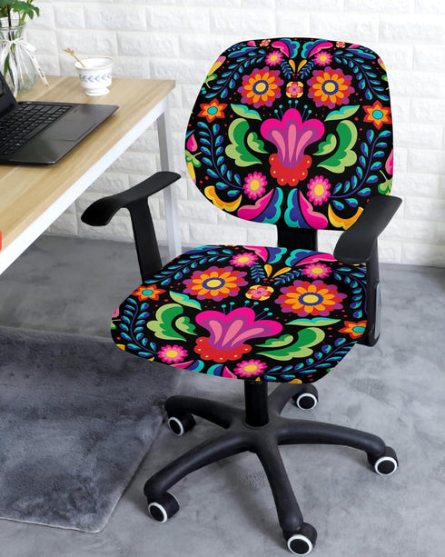 Colorful Floral Mexican Pattern Office Chair Cover Stretchable Computer Chair Seat Cover Backrest Slipcovers, Mexico Ethnic Black Abstract Art Str...