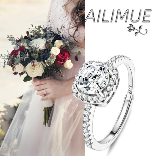 SAILIMUE 925 Sterling Silver Cubic Zirconia Engagement Rings for Women Round Square CZ Solitaire Wedding Halo Promise Eternity Ring Adjustable...