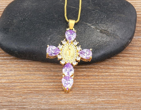 Crystal Zircon Cross Necklace For Women Choker Charm Virgin Mary Pendant Box Chain Female Jewelry Collier Femme - Gold-color - 17.5 inch (box)...
