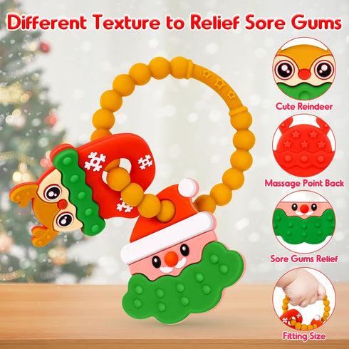 NPET Christmas Baby Teething Toy, Christmas Cute Santa & Deer Teething Ring 3-12 Months Baby Gifts Infant Teething Toy, Baby Theether Toy Christma...