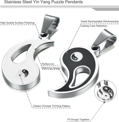 FIBO STEEL 2pcs Stainless Steel Yin Yang Pendant Necklace for Men Women Puzzle Couples Necklace,22 inches...