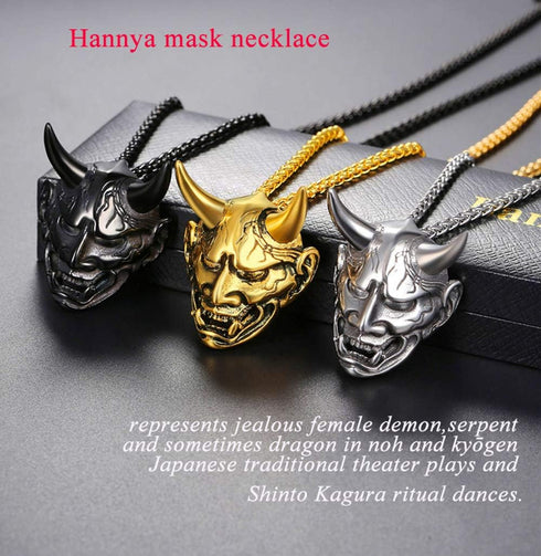 U7 Hannya Mask Necklace, Mens Gothic Punk Pendant, Stainless Steel Silver Black Personalized Evil Demon Horn Jewelry Oni Necklaces with 22 Inch Ch...