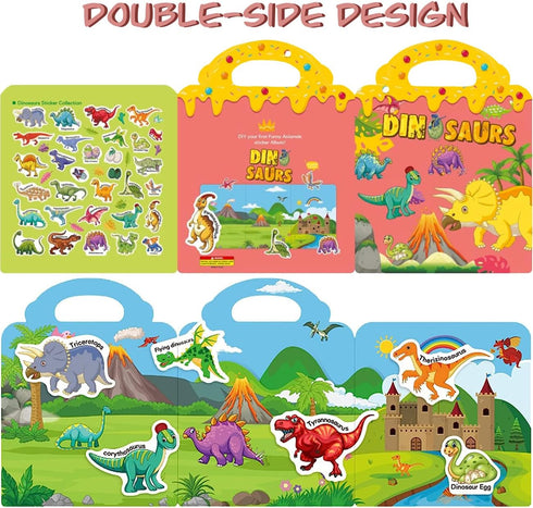 Reusable Sticker Book for Kids 2-4, 2 Sets Vehicle & Dinosaur Sticker Busy Book Educational Learning Toys Travel Stickers Quiet Activity Books for...