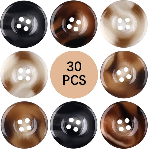 30 PCS Resin Sewing Buttons, 25mm/1 inch Round Bulk Buttons for Sewing, with 4 Matte Pattern Size 4 Holes, for Sewing DIY Crafts, Manual Button Pa...
