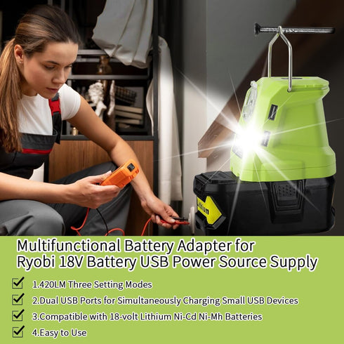 Battery Adapter for Ryobi 18volt One+ P107 P108 Li-ion Battery,Portable Power Source Converter with Dual USB Phone Charge Port,420LM Flashlight LE...