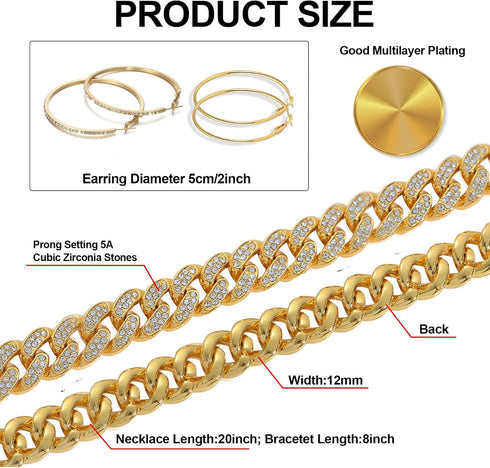 FUNOJOY Cuban Link Chain Jewelry Sets for Women Rhinestone Hoop Earrings Necklace Bracelet Set Bling Diamond Hip Hop Jewelry for Women Girls...