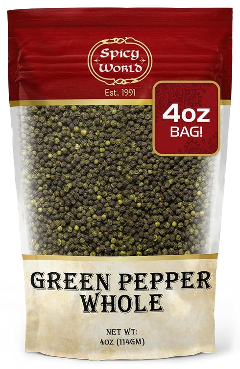 Spicy World Whole Green Peppercorns 4 Oz Bag - Steam Sterilized & All Natural...