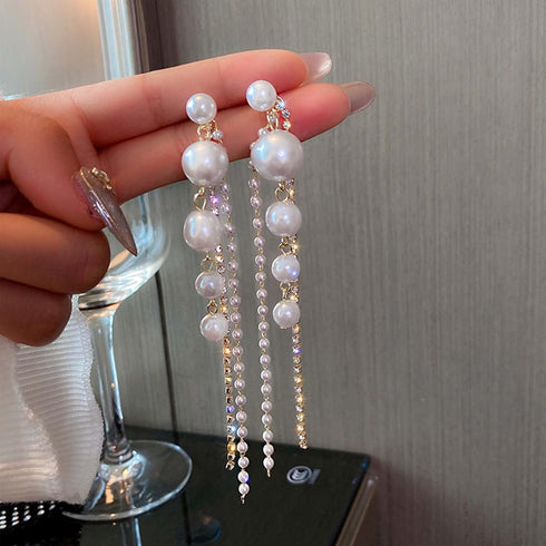 Long Pearl Tassel Drop Earrings Vintage Gold Tiny Crystal Pearl Dangle Earrings Rhinestones Tassel Dangle Pearl Statement Earrings Prom Earrings J...