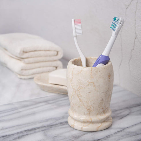 Creative Home Natural Java Marble Toothbrush Tumbler 3.3" x 4.5" | Solid Carved Stone Cup for Bathroom Sink, Vanity, Makeup Brushes, Razors | Eleg...
