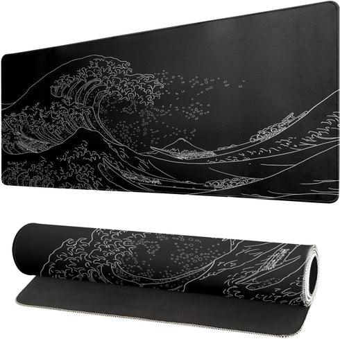 Japanese Sea Wave Large Mouse Pad, Anime Black Gaming, Extended Kanagawa Mat Desk Pad, 3mm Thick Long Non-Slip Rubber Base Mice Pad, 31.5 X 11.8 I...