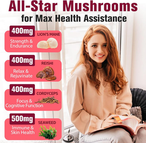 Sublingual Mushroom Complex 4000mg, 18-in-1 Lions Mane Mushroom Supplement with Reishi, Cordyceps, Chaga, Turkey Tail & Seaweed, Mushrooms for Imm...