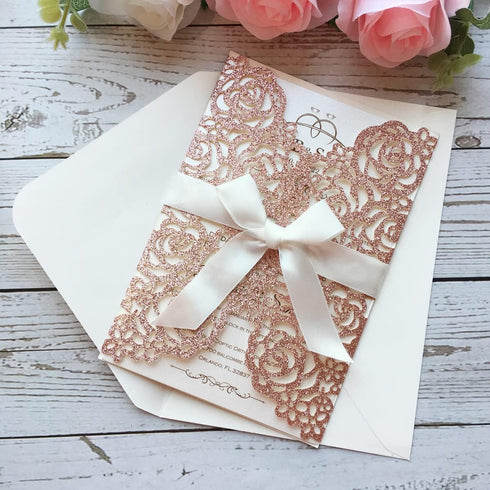 20PCS 5.12 x 7.28'' Laser Cut Wedding Invitations Cards with Envelopes Hollow Rose Pocket with Bowknot Invitation for Bridal Shower Wedding Invite...