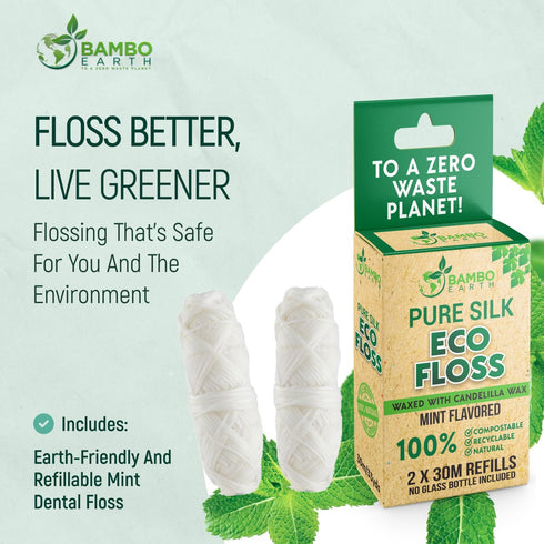 Biodegradable Mint Dental Tooth Lace Floss - 2X Refillable Flossers - 100% Organic Natural and Compostable Teeth Silk Spool - Waxed with Candelill...