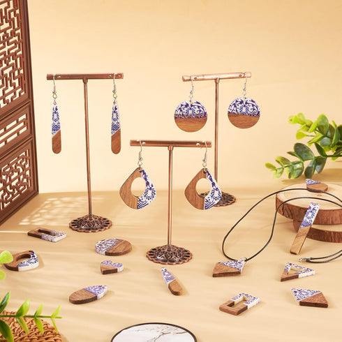 FASHEWELRY 20Pcs Classical Resin Wooden Earrings Charms Porcelain Flower Wood Earring Blanks Blue White Natural Wooden Pieces Earring Findings for...