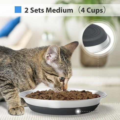 Whisker Fatigue Cat Bowl, SUS304 Stainless Steel Cat Bowls Non-Slip Silicone Bottom for Food and Water for Medium and Large Pets -Set of 2...