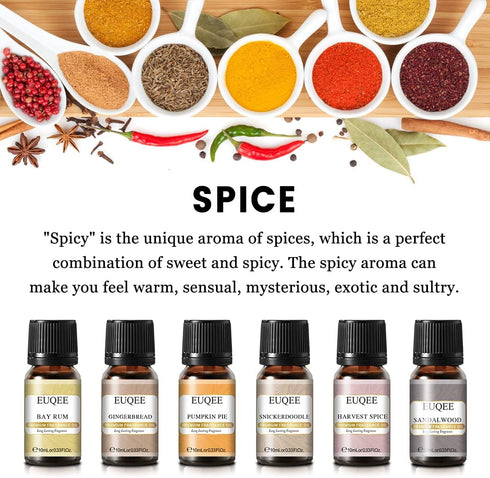 EUQEE - 6pcs Premium Fragrance Oils Spice Gift Set, Sandalwood, Harvest Spice, Gingerbread, Pumpkin Pie, Bay Rum, Snickerdoodle, 10 ML Fragrance O...
