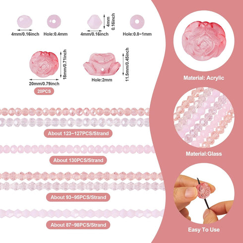 649Pcs 4mm Pink Rondelle Bicone Glass Beads Strands 20Pcs Acrylic Flower Rose Beads Kit Faceted Crystal Beads Cute Kandi Beads for Women Girls Cra...