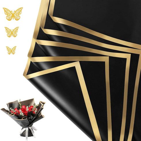 Goviw Floral Wrapping Paper 20 Sheets Waterproof wrap paper 22.5x22.5 inch(Black&Gold Edge) + 12 pcs 3D golden butterfly stickers DIY Crafts Flora...