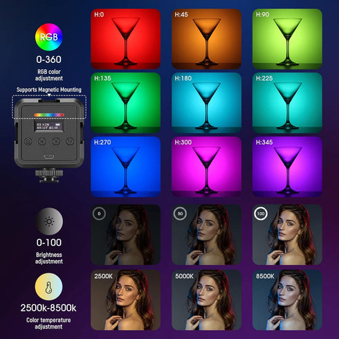 NEEWER Magnetic RGB Video Light, 360° Full Color RGB61 LED Camera Light with 3 Cold Shoe Mounts/CRI 97+/20 Scene Modes/2500K-8500K/2000mAh Recharg...