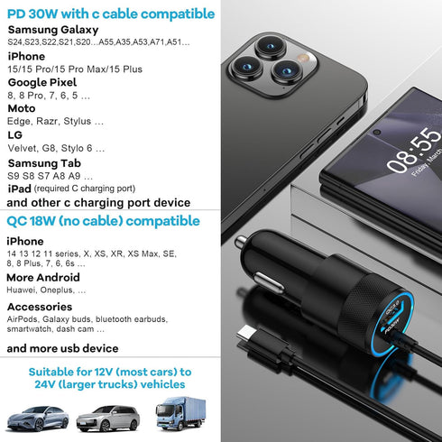 30W USB C Fast Car Charger for Samsung Galaxy Z Fold 6 Flip 6 S24 S23 S22 S21 S20+ S10e Ultra FE Plus 5G, Note 20 10, A55 A35 A25 A15 A14 A30 A05s...