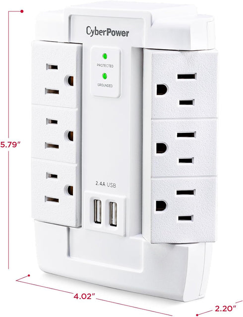 CyberPower CSP600WSURC2 Surge Protector, 1200J/125V, 6 Swivel Outlets, 2 USB Charging Ports, Wall Tap Design, White...